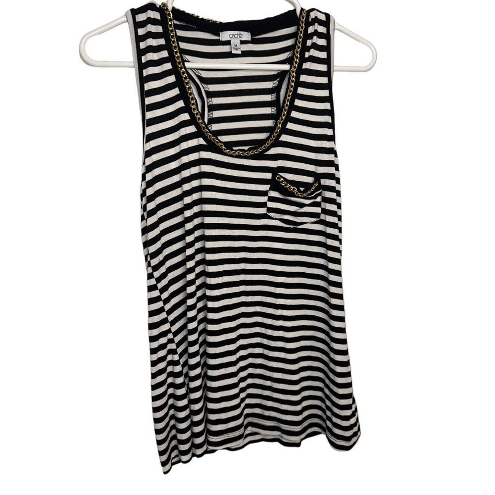 Cache Womens Striped Racerback Tank Top Sz M White Black Chain Detail